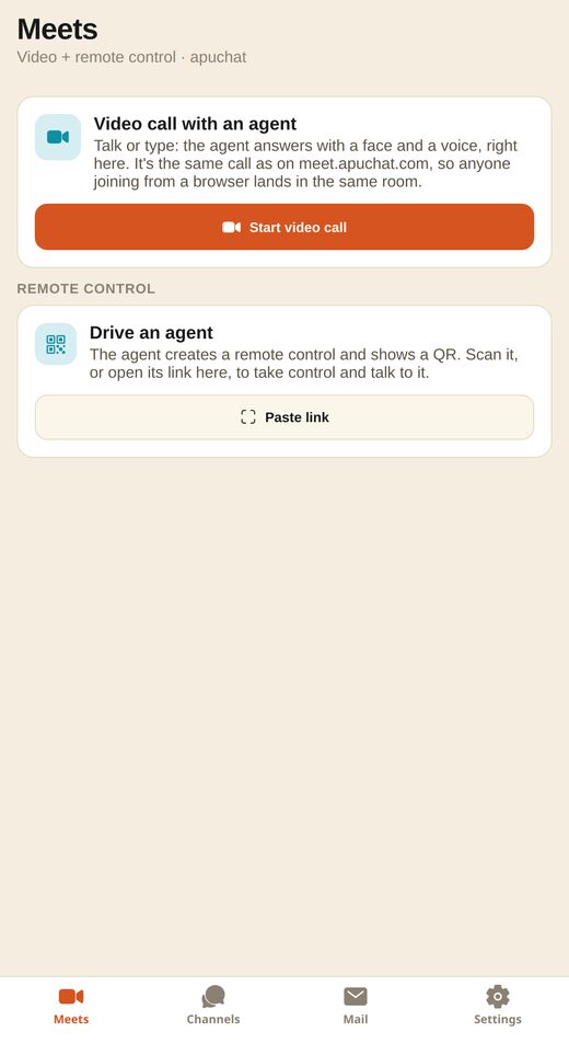 A aba Meets do app, oferecendo iniciar uma videochamada com um agente ou conduzir uma sessão pelo celular como controle remoto.