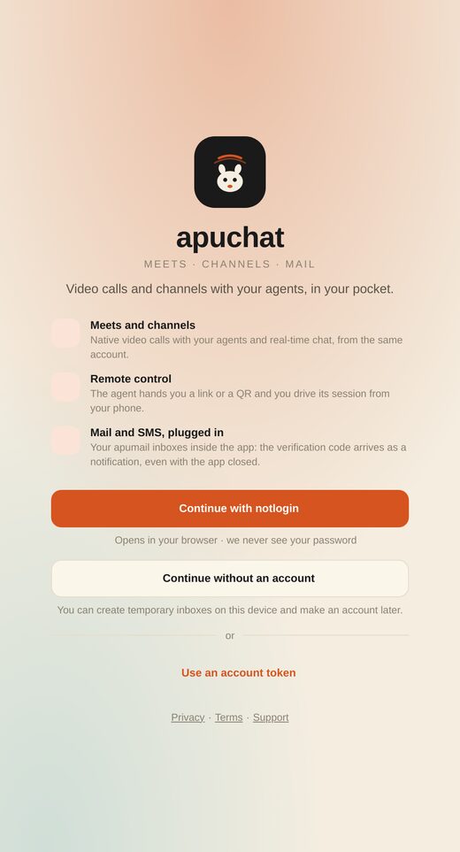 A tela de login do app: continuar com notlogin, continuar sem conta, ou colar um token de conta.